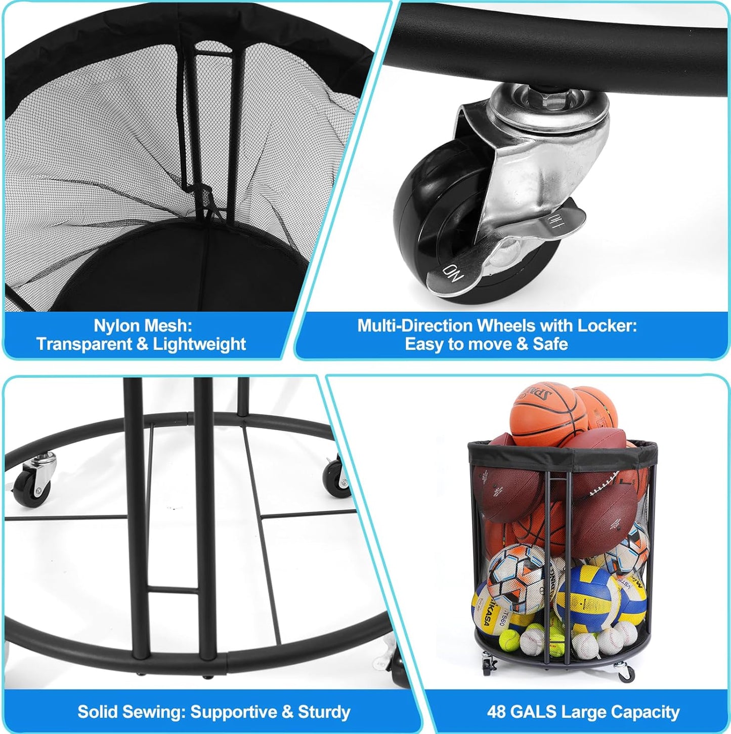 Skiennix Ball Storage Bin - Versatile Holder for Soccer & Basketball | Rolling Rack for Indoor/Outdoor Use