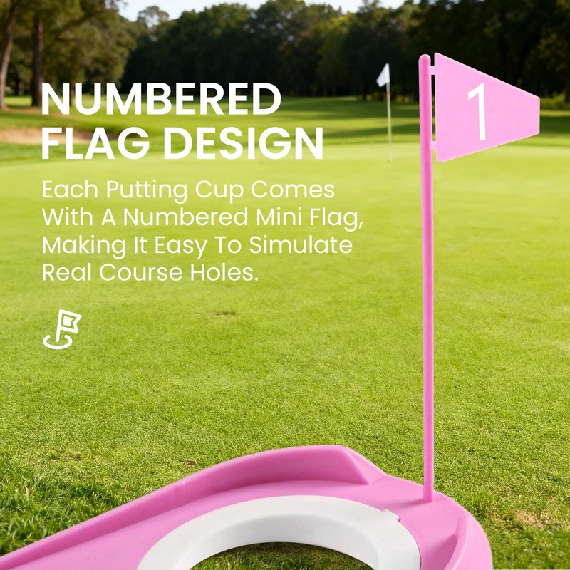 FINGER TEN Golf Putting Cup with Numbered Flag Design Value 6 or 9 Pack, Durable Plastic Practice Cups Golf Training Aids, Lightweight Easy to Carry for Office Backyard Indoor Outdoor (Pink-9 Pack)