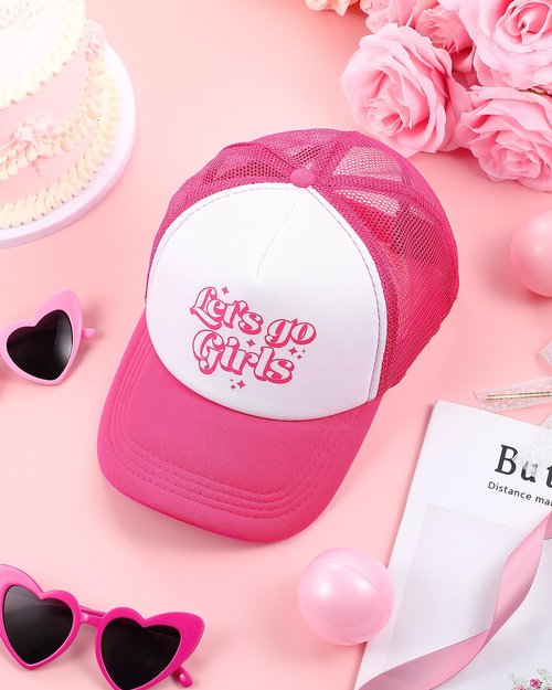 Jecery 10 Pcs Let's Go Girl Theme Trucker Hat for Women, Bach Party Mesh Baseball Cap for Bridal Shower Wedding Bach Party Gifts Rose Red