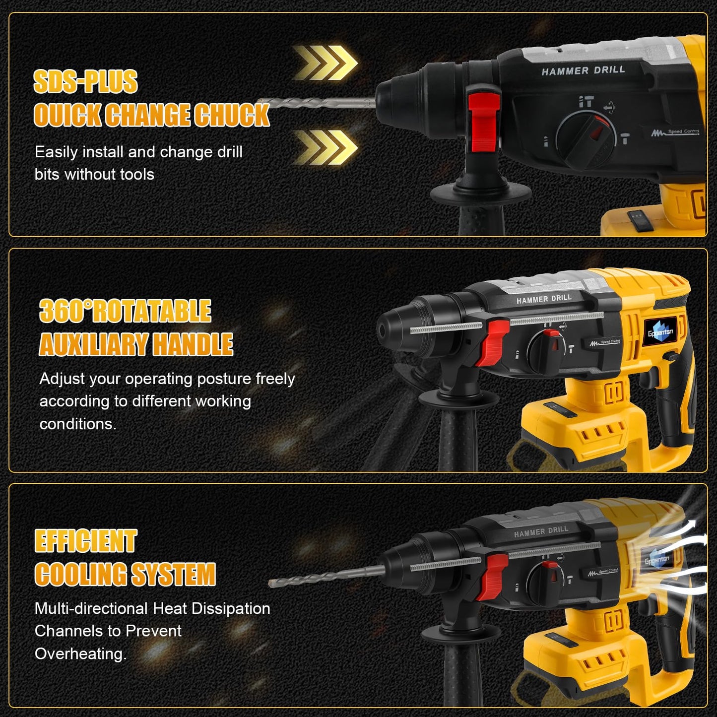 Gpaentsn Cordless Rotary Hammer Drill (Tool Only) Compatible with DEWALT 20V Max | 2.6J Impact | SDS-Plus Chuck | 4-Mode | Brushless Motor (Battery not Included)