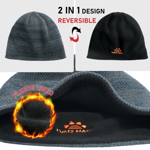 Lvaiz 2 Pack Winter Fleece Lined Mens Beanie Hat Reversible Knit Skull Cap for Men Women Warm Windproof Hat for Outdoor