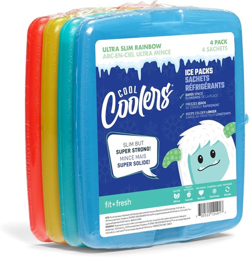 Cool Coolers By Fit & Fresh Slim Ice Packs - Quick Freeze, Space-Saving Design, 4-Pack, Multi-Colored