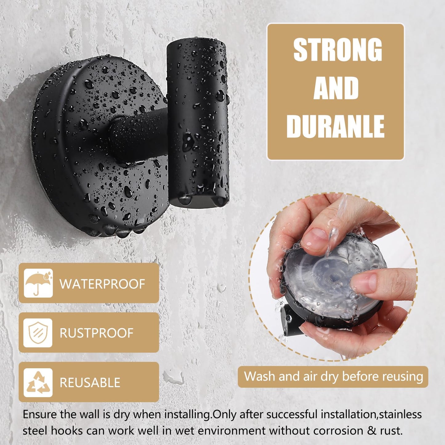 Towel Hooks Shower Suction Hook Towel Hanger for Bathroom Hanging Coat, Robe, Removable Wall Mounted Hook for Bedroom Kitchen Hotel Pool Matte Black(2-Pack)