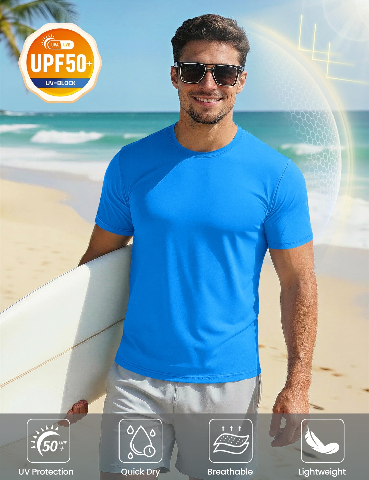 Mens Short Sleeve T Shirts Dry Fit Summer Shirts Ultra Lightweight UV Protection Hiking Shirts Athletic Jersey Active T-Shirt Azure
