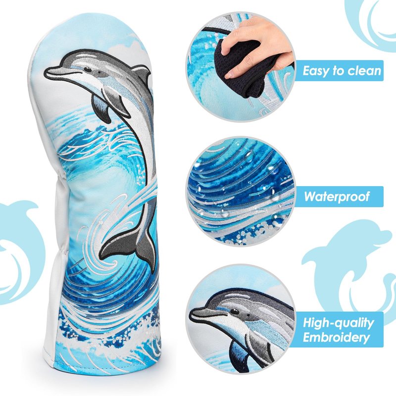 brdejc Golf Club Cover Dolphin Embroidery Driver Covers Fariway Wood Headcover Hybrid Covers Leather Golf Headcover for Men Women Gift (for Driver)