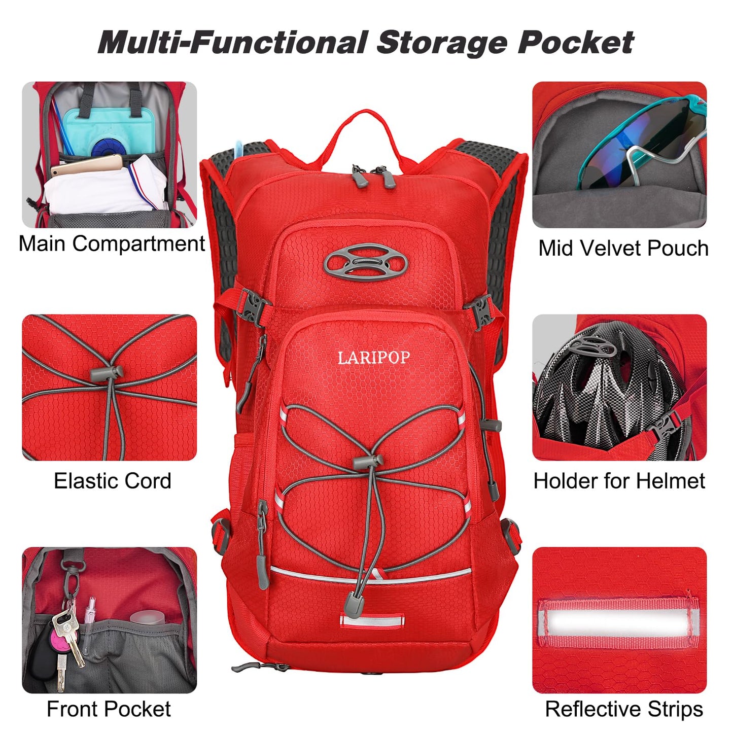 LARIPOP 18L Hydration Backpack with 2L BPA-Free Leak-Proof Water Bladder, Lightweight Breathable Reflective Daypack for Hiking Cycling MTB Trail Running Camping Men Women