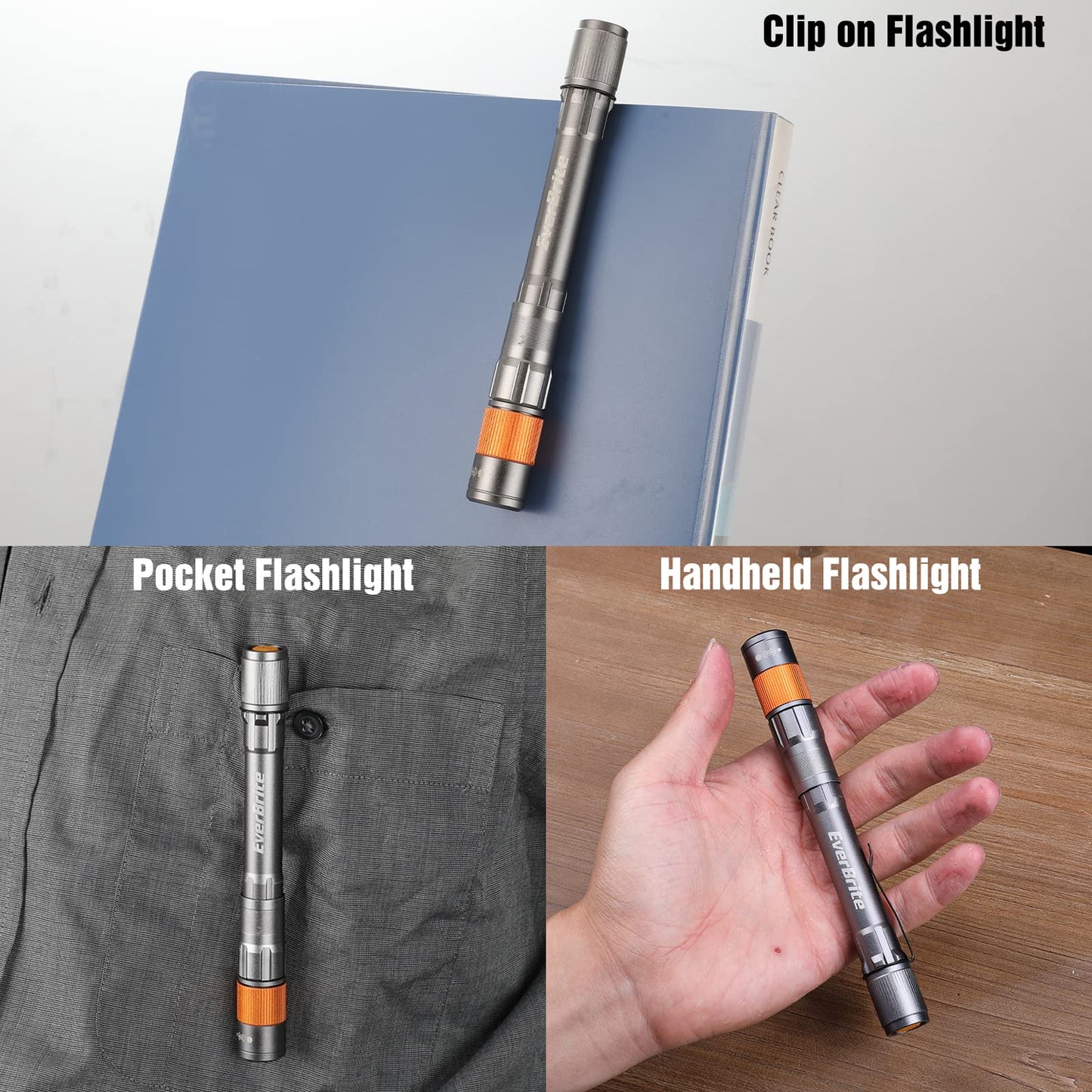 EverBrite Rechargeable Pen Light, 300 Lumens EDC Flashlight, Zoomable LED Pocket Flashlight with Clip, Memory Function and USB C Cable Included, for Camping, Emergency, Gray