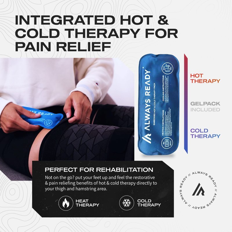 Always Ready, Thigh Compression Support Sleeve (2 Per Pack) with Hot & Cold Gel Pack for Hamstring & Quadricep Muscle Strains & Injury, Men & Women, Two Adjustable Compression Straps, Non-Slip (L)