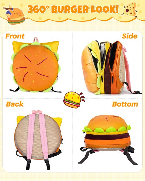 Hkufpq Cheeseburger Backpack, Hamburger Food Shaped Novelty Daypack, Multi-Compartment Burger Backpack