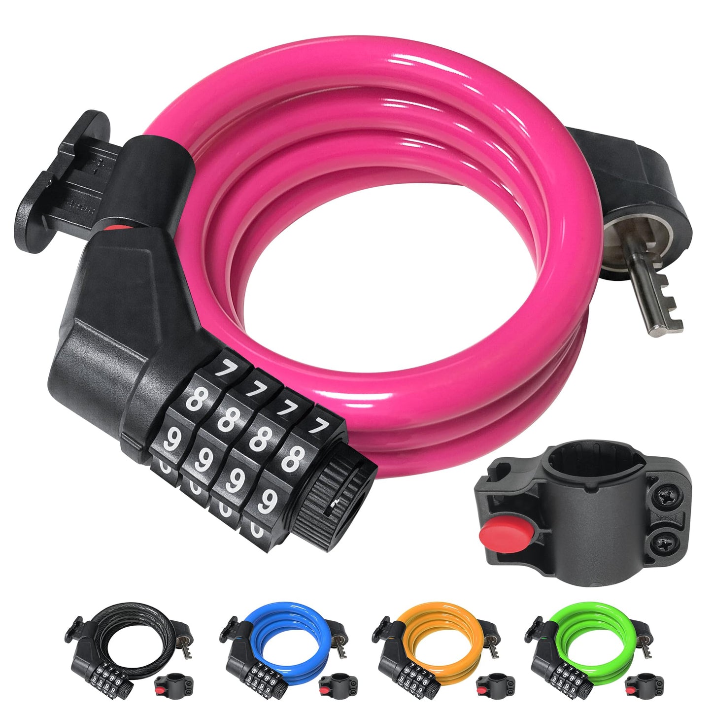 NDakter Bike Lock, 4/5.6 Feet Bicycle Cable, High Security 5 Digit Resettable Combination Coiling Bicycle Lock, Heavy Duty Anti Theft Cable with Mounting Bracket, 1/2 Inch Diameter (4FT,Pink-12mm)