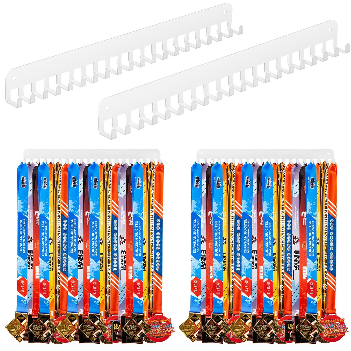 Geetery 4 4 Pack Medal Hanger Display with 20 Hooks Each, Sturdy Steel Wall Mount Medal Holder Rack Holds 60+ Awards for Gymnastics Marathon Sport Runner Soccer Wrestle Swim, Easy to Install (White)