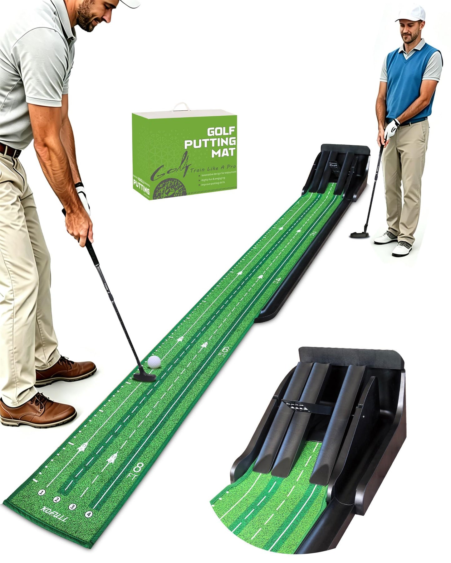 Putting Green Indoor - Practice Uphill Putts, Golf Putting Mat with Auto Ball Return, Golf Training Aid for Home, Office, Backyard, Party Game, Great Gifts for Men Dad