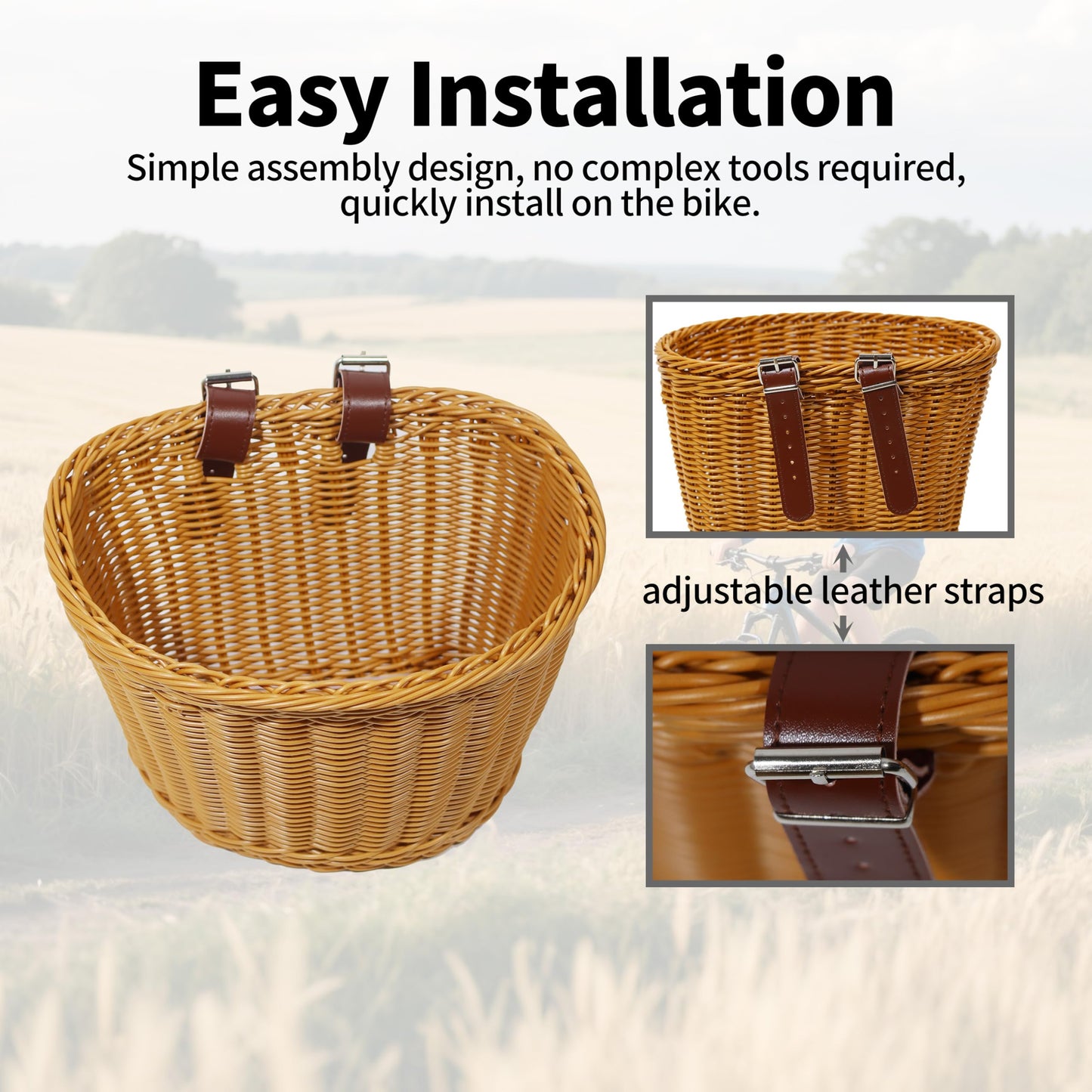Brown Wicker-Style Bike Basket - 11.41" Large Front Bicycle Basket, Waterproof & Extra Capacity for Beach Cruisers
