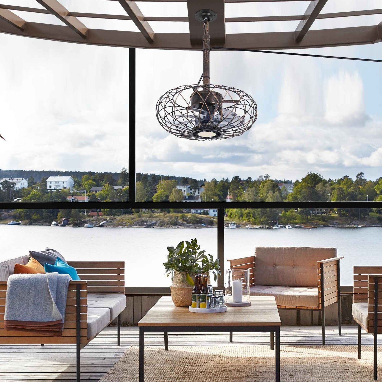 Miuyhji Retro Outdoor Ceiling Fans with LED Light, 15" Waterproof Gazebo Fan Plug in Caged Industrial Fandelier Ceiling Fan with Remote, 6 Speeds Adjustable Height Fan for Bedroom Living Room Pergola