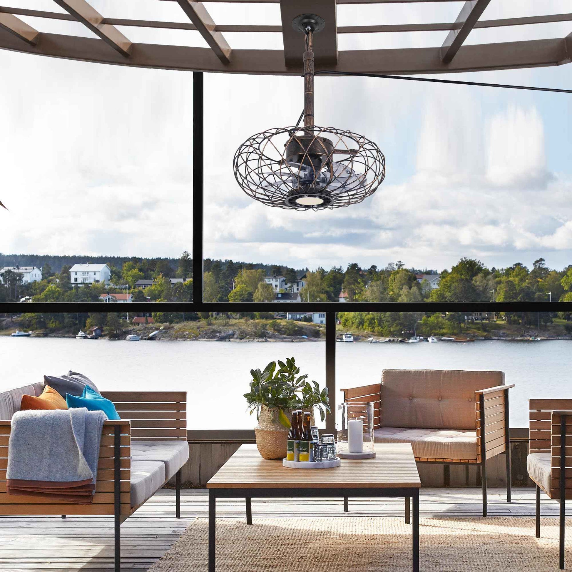 Miuyhji Retro Outdoor Ceiling Fans with LED Light, 15" Waterproof Gazebo Fan Plug in Caged Industrial Fandelier Ceiling Fan with Remote, 6 Speeds Adjustable Height Fan for Bedroom Living Room Pergola