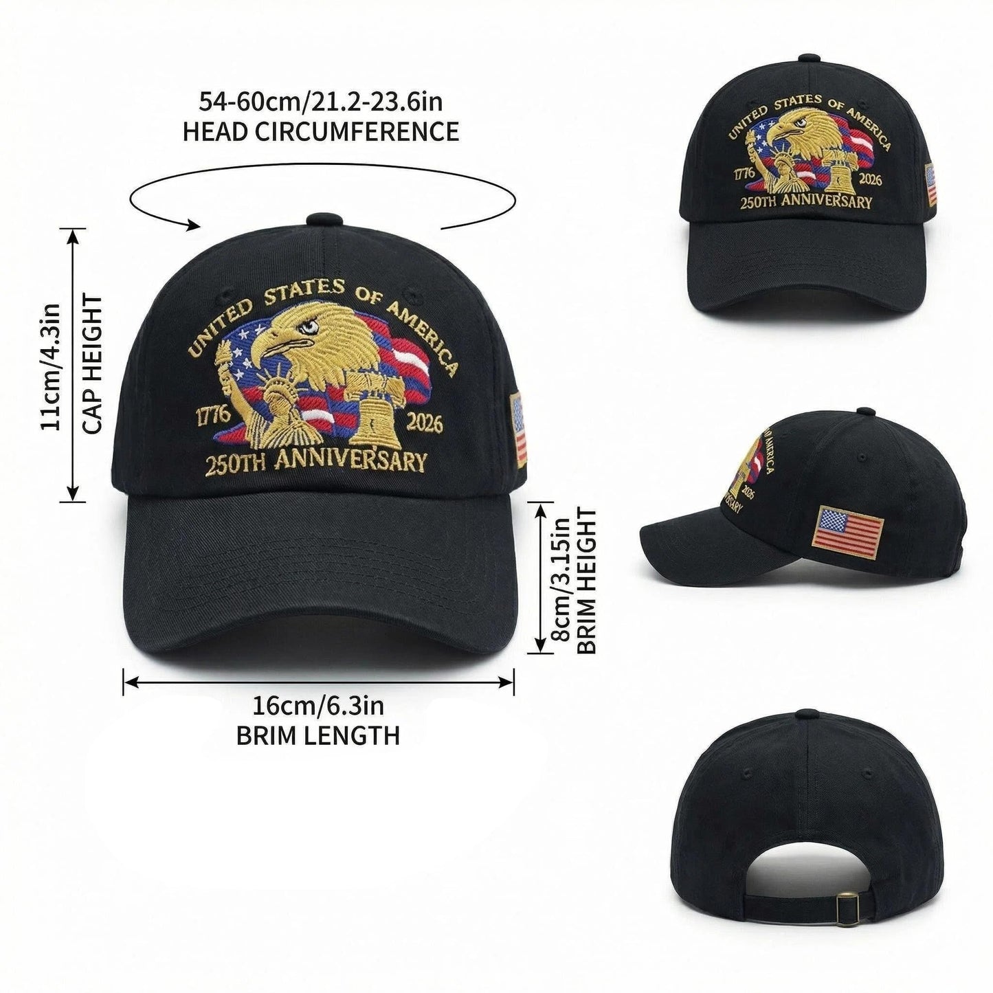 250 Anniversary USA Hat, Patriotic Embroidered Baseball Cap, for Dad, Patriot Cap 1776-2026 Black