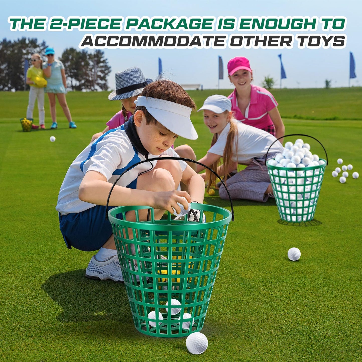 Halloscume 2 Pcs Golf Ball Basket, Small/Large Can Hold 50/75/100 Balls Golf Container with Handle Holder Contain Stadium Accessories Storage Bucket for Sport Practice (8.7 x 8.7 Inch,Green)