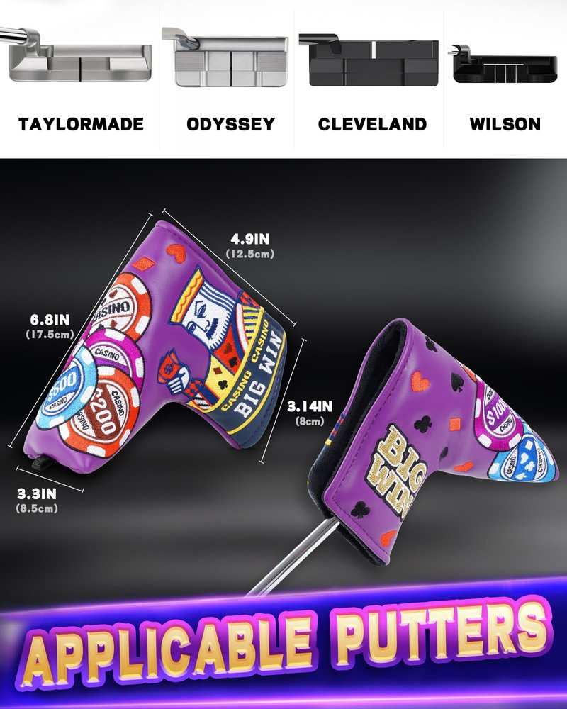 BIG TEETH Golf Putter Cover Magnetic Blade Putter Head Covers Purple Big Win Fits Most Blade Putter Club Protecter
