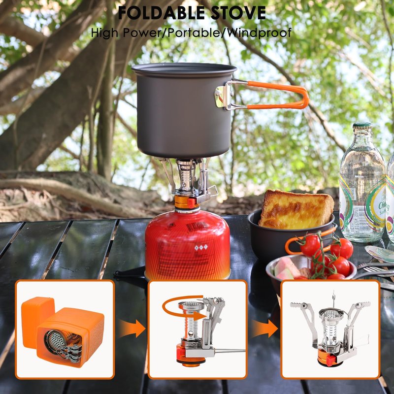 JUSFANE 10Pcs Camping Cookware Mess Kit - 1.2L & 0.6L Camping Pots with Stove, Forks Knives Spoons, Sierra Cup, Canister Stand and 16Oz Stainless Steel Cup for Backpacking, Hiking, Outdoor Cooking