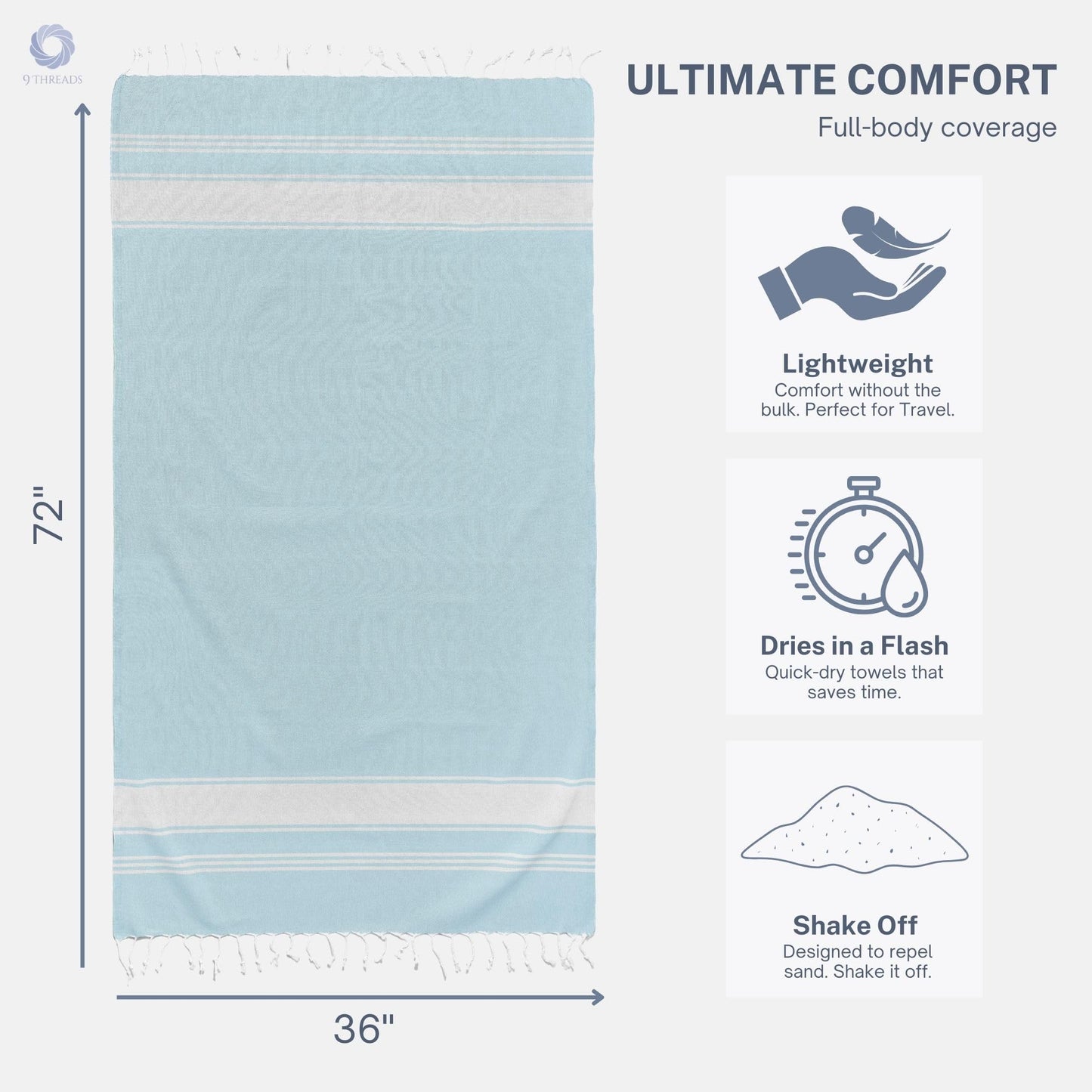9Threads Cotton Turkish Beach Towel with Towels Oversized 36"x72" Pool Absorbent Extra Large Quick Dry Sand Travel Towel (Light Green, 2 Pack)