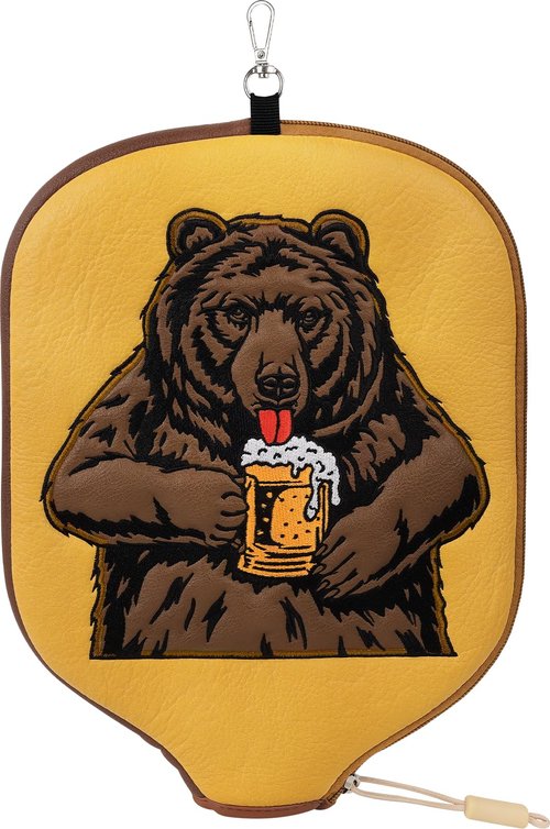 Big Crazy Pickleball Paddle Cover - Leather Case With Hangable Hook, Zipper for Paddle Protection - Bear Design - Gift for Players