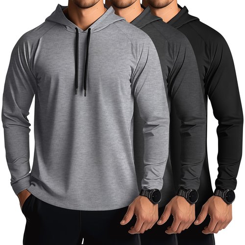 Ficerd 3 Pack Hoodies for Men Big and Tall, Lightweight Long Sleeve Workout Gym Running Fishing Pullover Hooded Sweatshirts(Gray, Dark Gray, Black,X-Large)