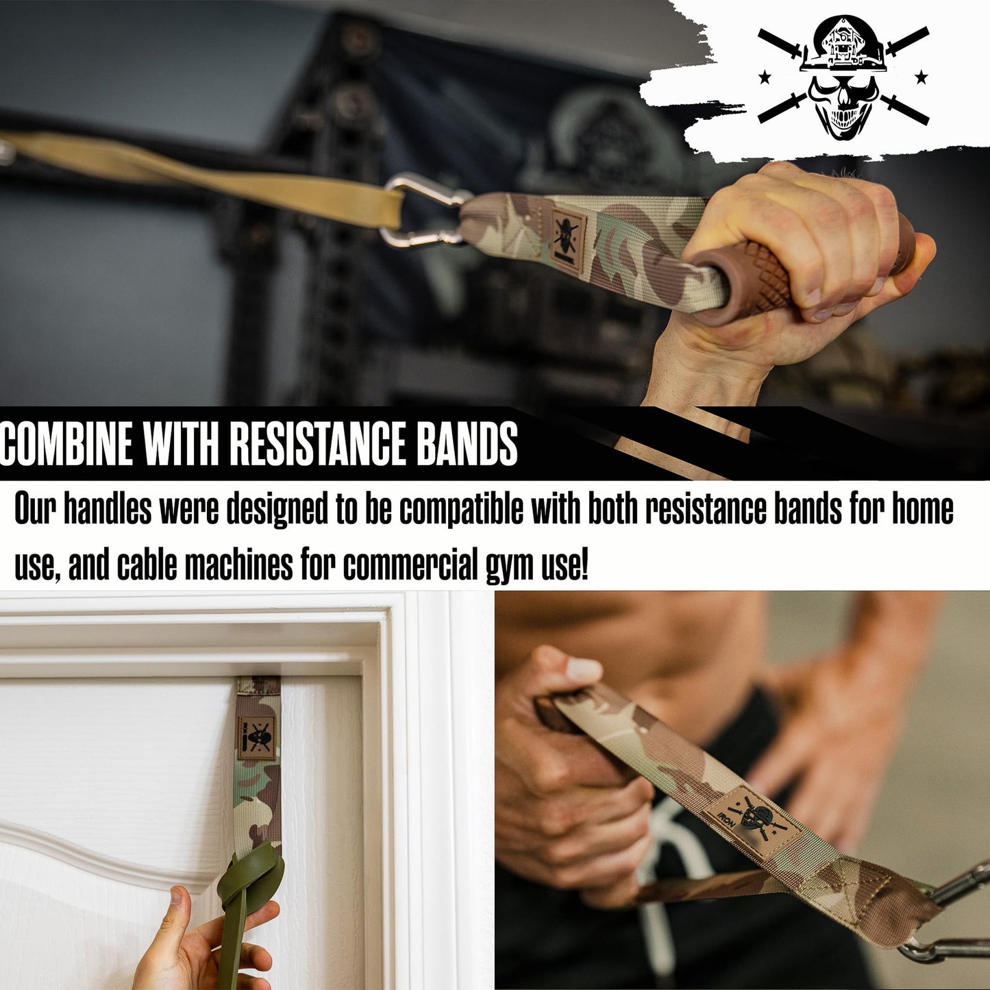 Iron InfideI Resistance Band Handles - Cable Machine Handles Attachment and Door Anchor for Exercise Bands, Great Accessory for Home Gym Workout Equipment & Pull Up Assistance Bands (Camo)