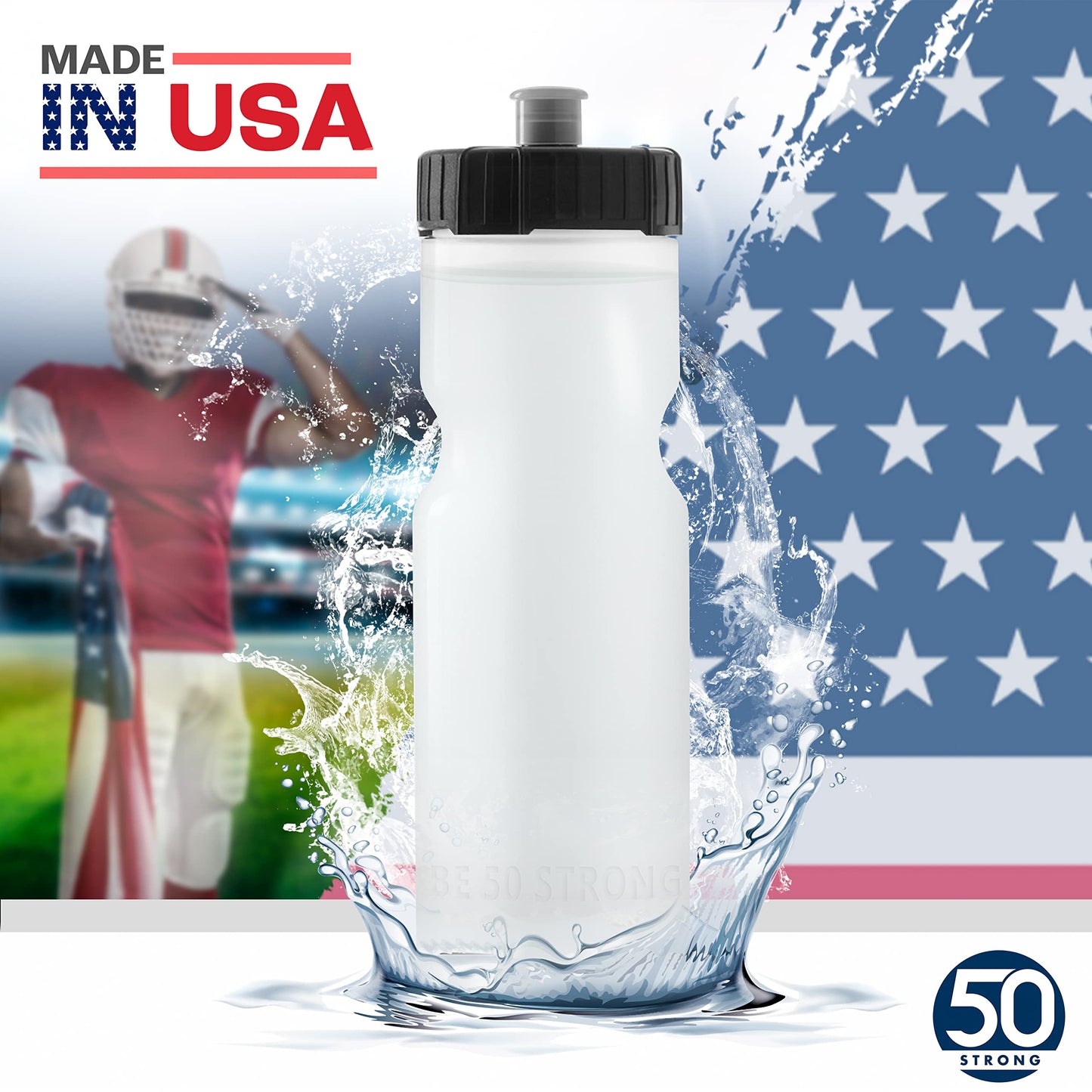 50 Strong | Bulk Water Bottles, 24-Pack, 22 oz, Sports Squeeze, Clear