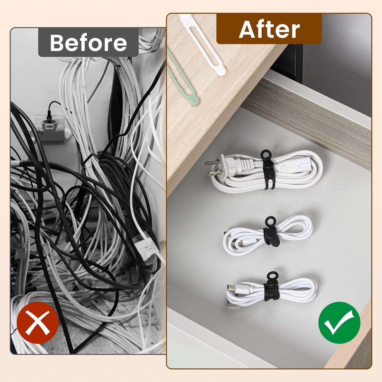 LOOHOI 30Pcs Silicone Cable Ties,Reusable Data Cable Organizer for Office, Multipurpose Elastic Cord Management Ties for Bundling and Fastening Cable Cords Wires