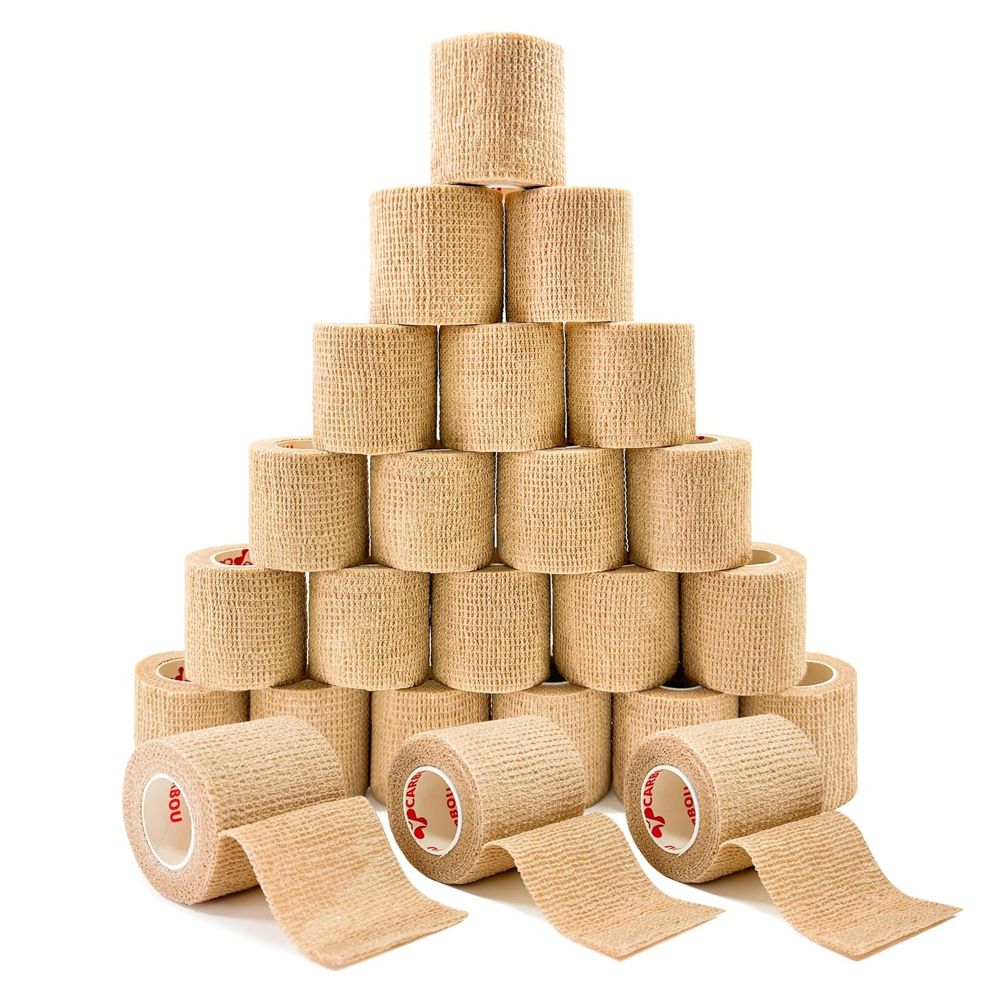 [24 Pack 2" x5 Yards] Beige-Self Adhesive Bandages Pre Wrap, Athletic Elastic Cohesive Bandage for Sports, Injuries, Treatments, and Recovery, First Aid Tape Vet Wrap for Cat, Dog