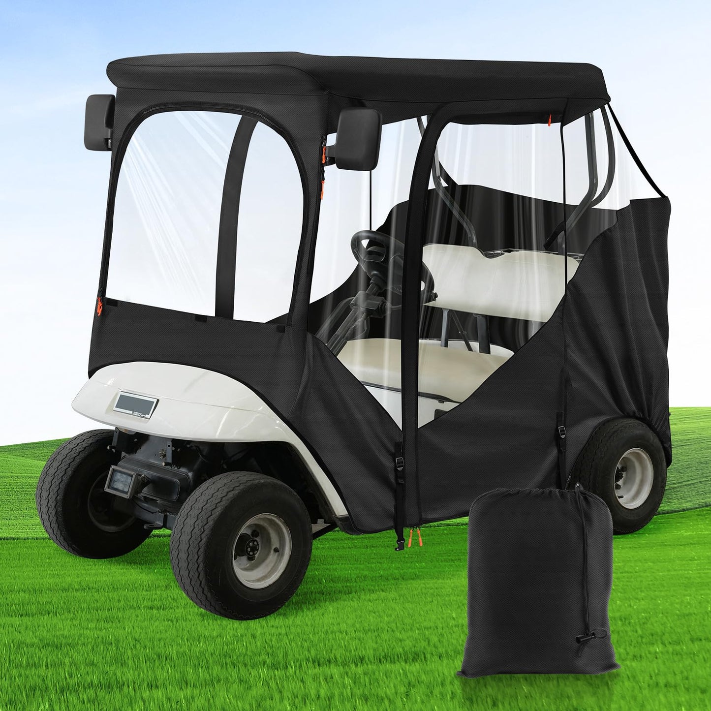 DRIVE UP Upgraded EZGO Driving Enclosure, Golf Cart Enclosure Fits for 2 Passengers EZGO RXV and TXT Golf Cart, 600D Waterproof Golf Cart Rain Cover with 2 Zippered Doors & 4-Sided Clear PVC Windows