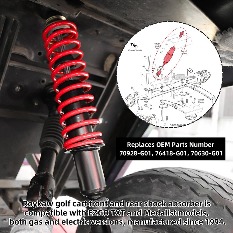 Roykaw Golf Cart Shocks Compatible with EZGO TXT & Medalist Gas & Electric Since 1994, TXT Shock Absorbers with Coil Over & Extenders, OEM # 70630-G01, 70928-G01, 76418-G01, 2PCS, Red