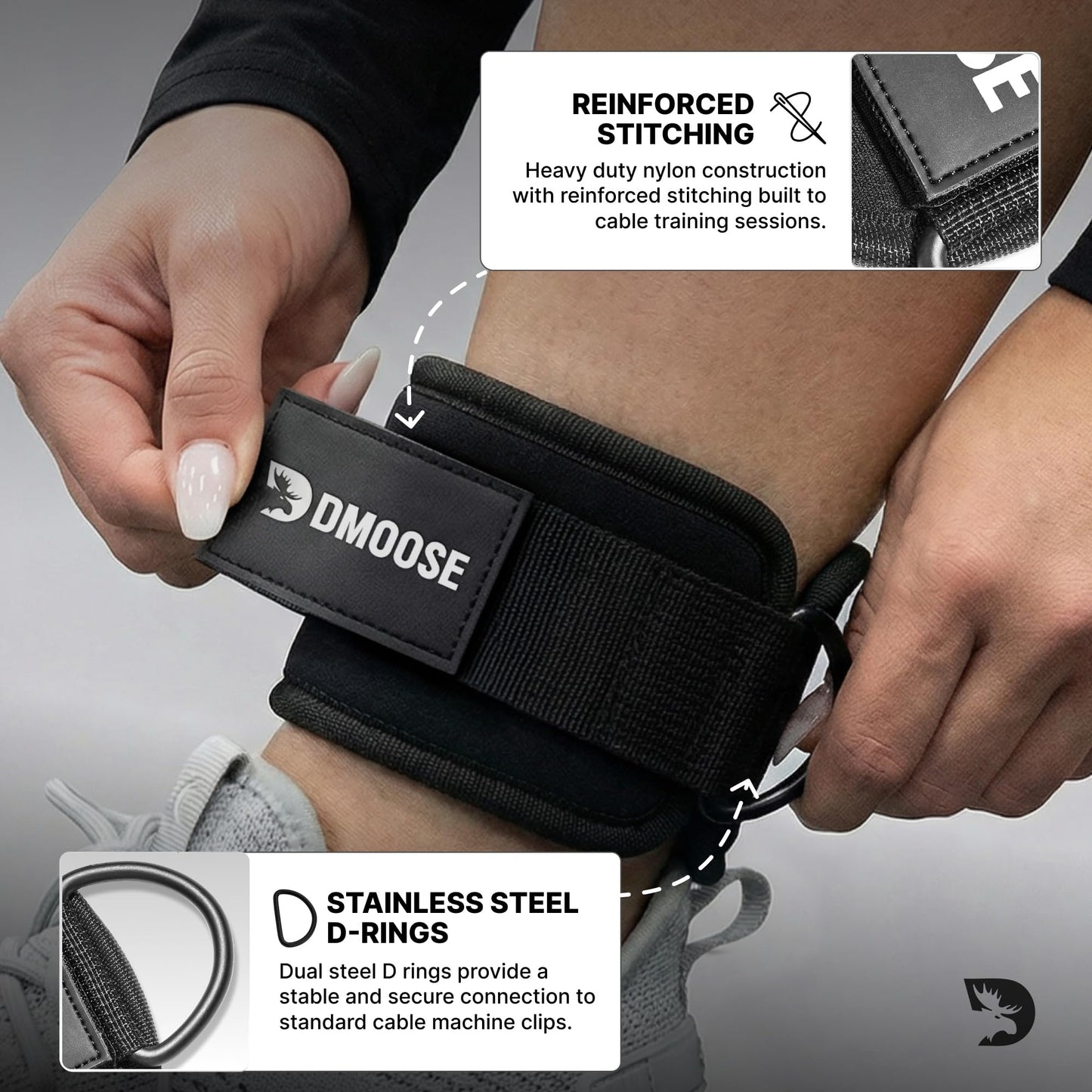 DMoose Ankle Strap for Cable Machine - One Size Fit with Premium Padding, Workout Kickback Ankle Cuffs, Ankle Bands for Working Out, Booty Workouts, Leg Extension, Hip Abductors & Lower Body Exercises