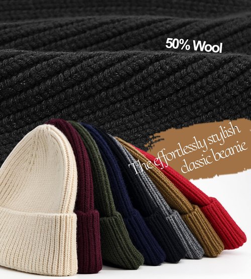 Seamless Beanie Hat for Men Women, Wool Fisherman Beanies, Unisex Cuffed Knit Warm Winter Hats Skull Cap Ski Caps Black