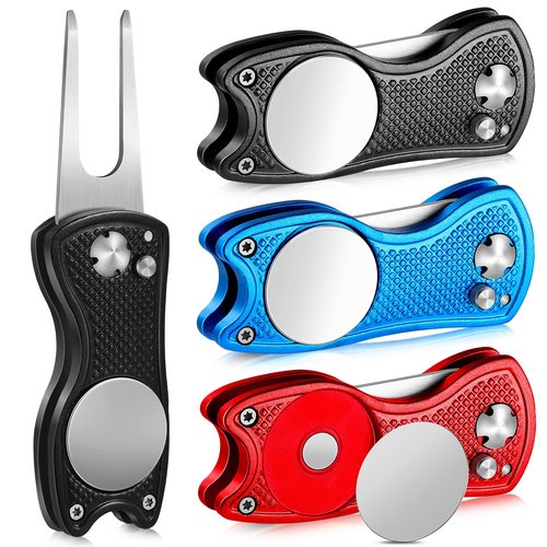 Skylety 3 Pcs Golf Divot Repair Tool Stainless Steel Foldable Magnetic Golf Ball Marker Repair Tool with Pop up Button Portable(Black, Red, Blue,3 Pieces)