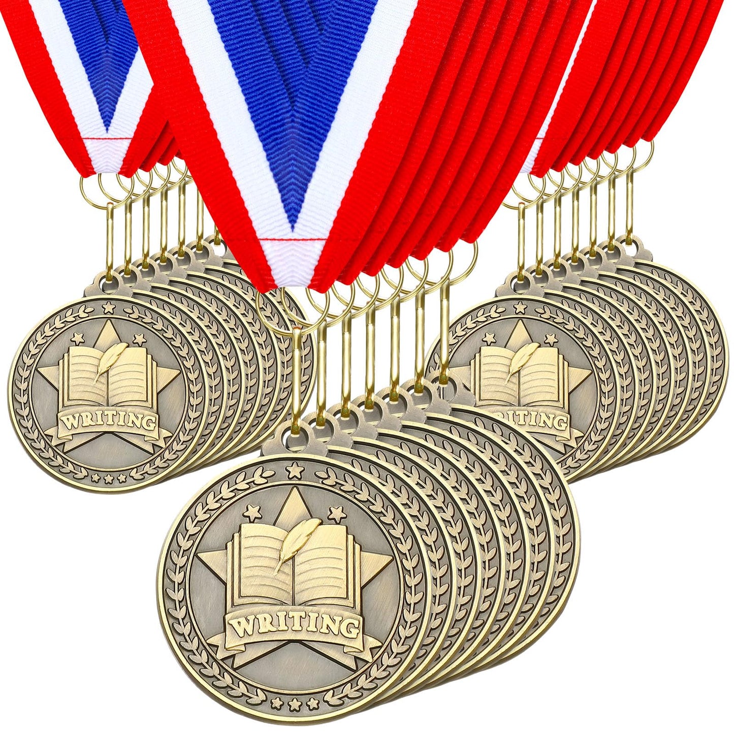 Quelay 30 Pcs 2'' Award Medals Bulk Gold Winner Medals with Neck Ribbons Metal Trophy Award Prize Gift for Tournaments, Competitions, Party, Kids and Adults (Writing)