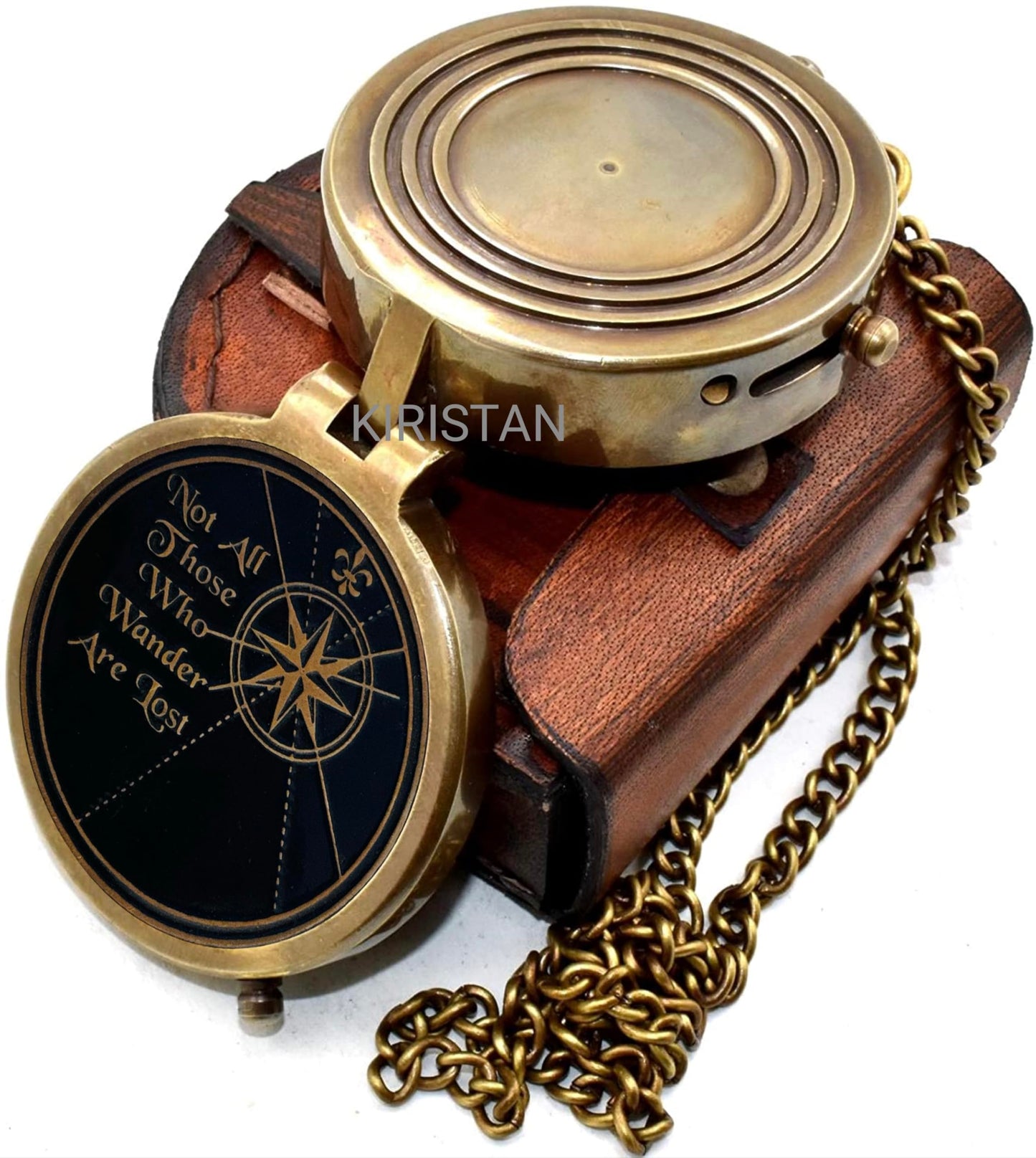 Vintage Brass Compass Not All Those Who Wander are Lost, Engraved Antique Pocket Compass with Leather Case, Inspirational Graduation Gift for Men, Hiking Camping Navigation Nautical Compass
