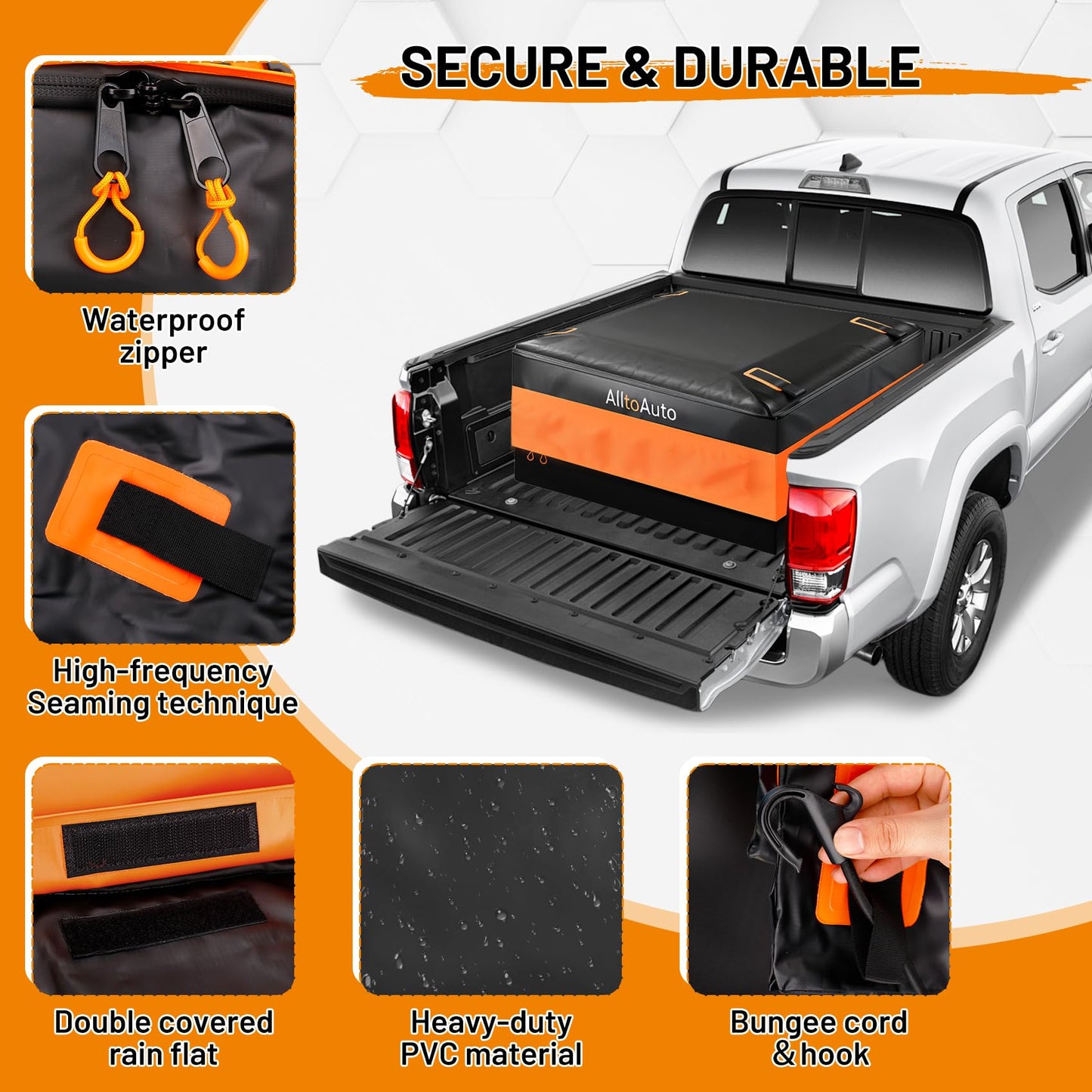 [High Visibility] Waterproof Truck Bed Bag with Orange Safety Trim, 26 CuFt Heavy Duty Cargo Carrier for Pickup Truck, Weatherproof Storage Bag for Camping & Road Trips