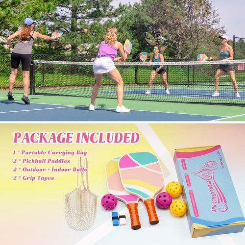 HITTIONA Pickleball Paddles Set of 2 - USAPA Approved Fiberglass Cute Pickleball Paddles Set for Women, Pink Pickleball Paddle with Anti-Slip Grip, 4 Pickleballs, Pickle Ball Paddle for Beginners