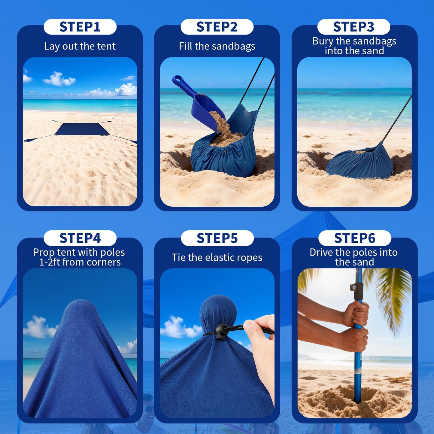 CROWN SHADES 10x10 Beach Tent Sun Shelter, Easy Pop Up Beach Canopy Shade, UPF50+, 4 Poles Adjustable, Dark Blue