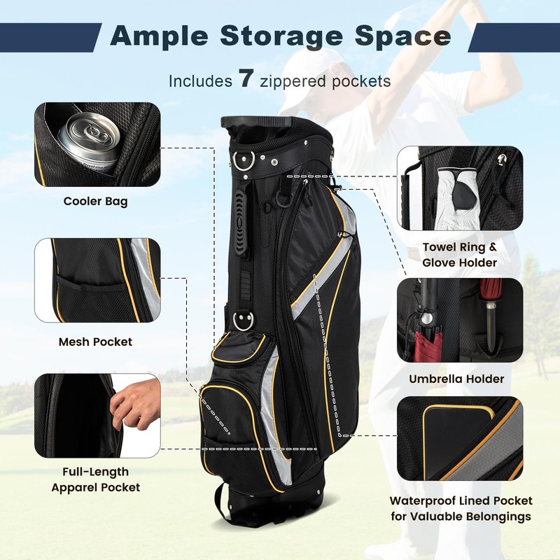 Goplus Golf Stand Bag, Golf Club Bag 8 Way Top Dividers, Cooler Bag, 7 Zippered Pockets, Adjustable Dual Strap, Rain Hood, 4.5LBS Lightweight Portable Golf Bag with Stand for Men Women