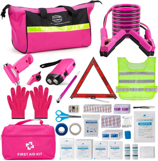 Roadside Emergency Car Kit for Vehicles, Pink Emergency Roadside Assistance kit with Car First Aid Kit, Thoughtful Car Emergency Kit for Women, Men, New Drivers and Adventurers Gifts