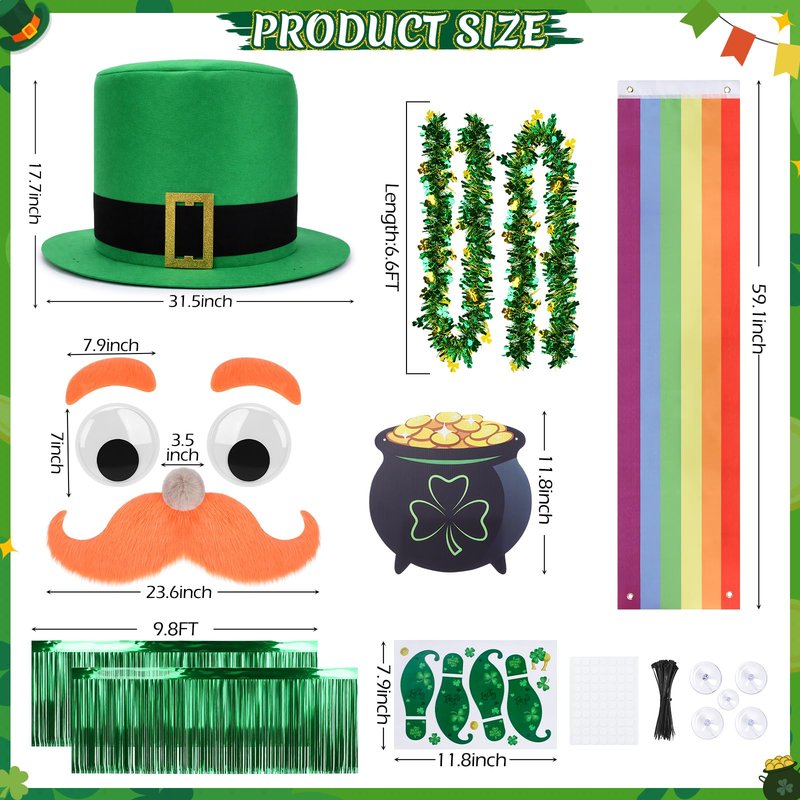 Tryly St. Patrick’s Day Golf Cart Decoration Kit, Giant Leprechaun Hat with Big Eyes & Beard, Rainbow Banner, Pot of Gold, Green Tinsel Curtain & Footprint Stickers for Irish Parade & Party Supplies