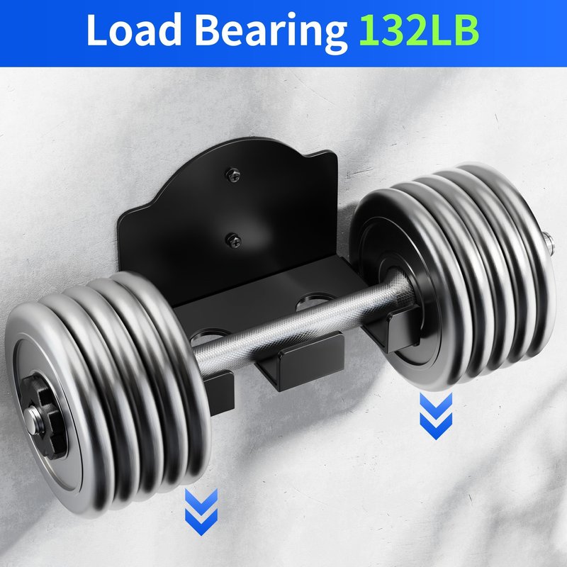 Olympic Barbell Wall Rack Holder - Heavy Duty 132lbs Weight Storage Mount with EVA Pads, Fits Wood Brick Concrete Walls, Space Saving Home Gym Equipment Organizer, 2 hook