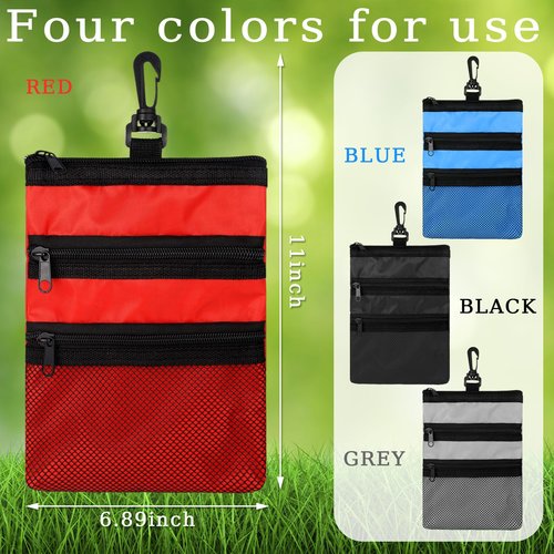 Cosblank 4 Pcs Golf Tee Holder 3 Zippered Golf Pouch Bag for Valuables Portable Ball Accessory Pouch for Men with Clip to Bag for More Storage, Easy Access, Black, Red, Blue, Gray