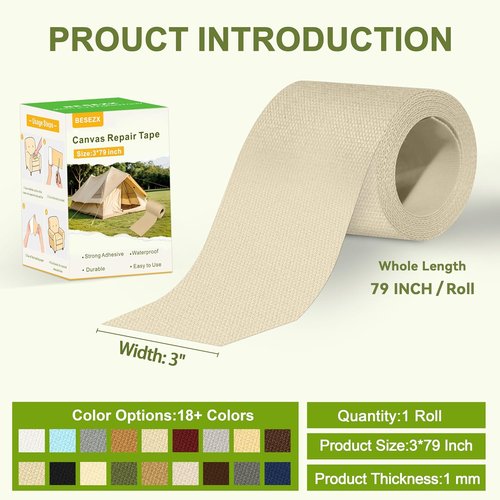 Besezx Canvas Repair Tape - Waterproof Self-Adhesive Fabric Patch for Outdoor Gear | 3" x 79" (Rice Coffee)