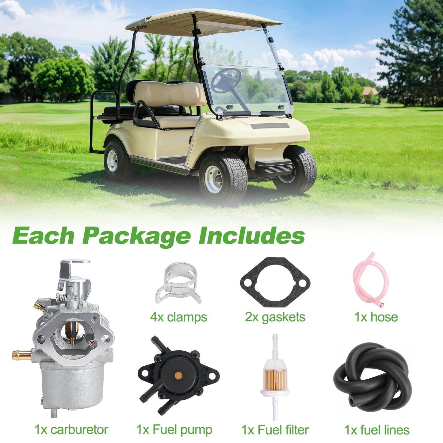 10L0L Golf Cart Carburetor Kit Compatible with Club Car DS, Precedent, Turf, Carryall & Kawasaki FE290 Engine, OEM# 101805601 101905601 17561 1016438 1016439 1016440 1016441 1016478