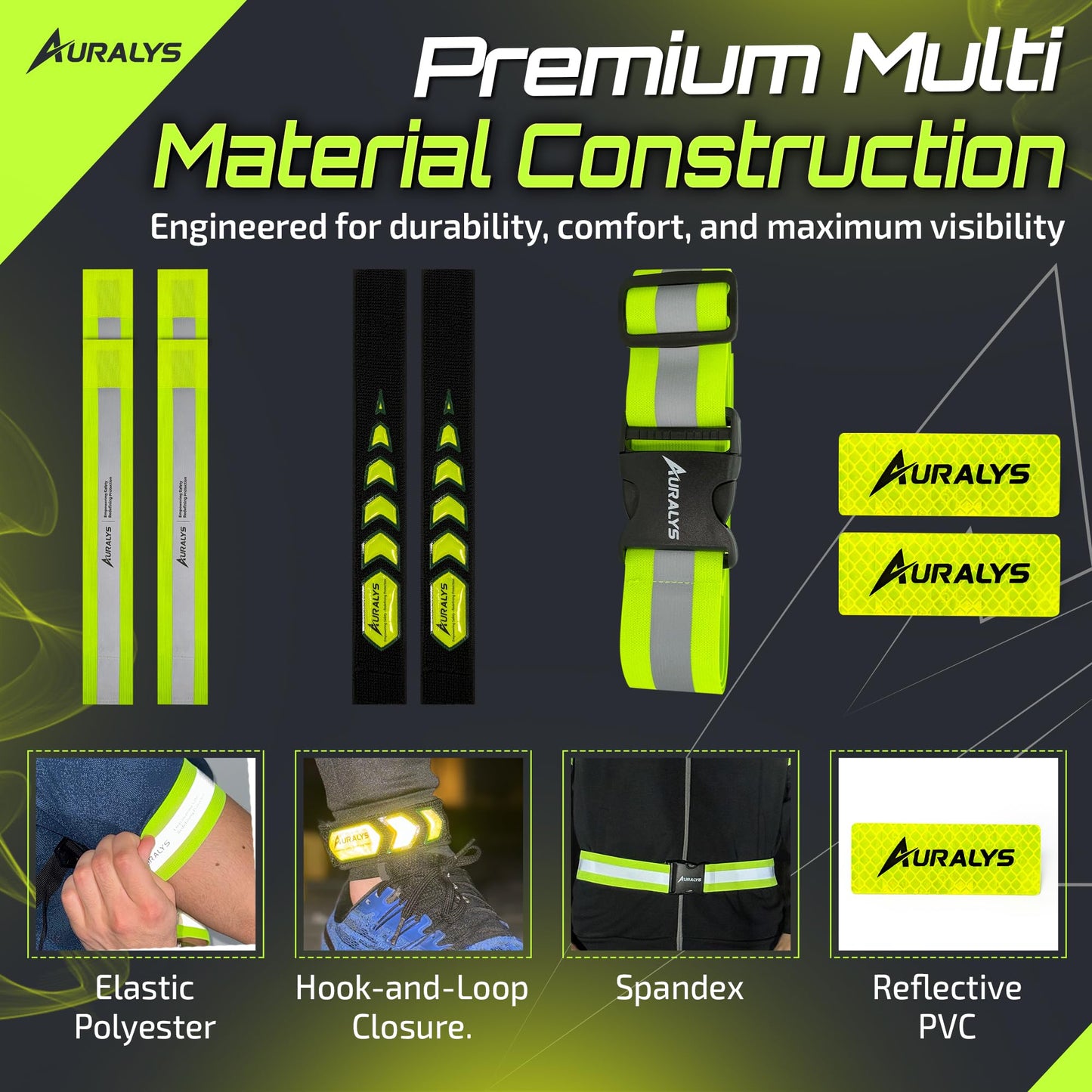 Auralys® 4 in 1 Reflective Running Gear, Adjustable Belt, Arm Bands, Ankle Straps & Bike Stickers for Night Visibility, Safety Gear, Reflective Tape Straps for Clothing, Night Dog Walking, Cycling