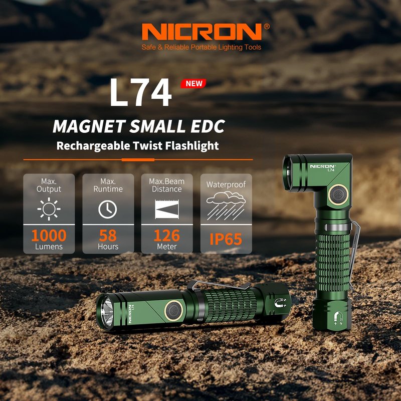 NICRON L74 Rechargeable Flashlight, 1000 Lumen High Brightness with 90° Rotatable Head, Magnetic Tail and 2-Way Clip, IP65 Waterproof, Compatible with Rechargeable Batteries and AA Battery