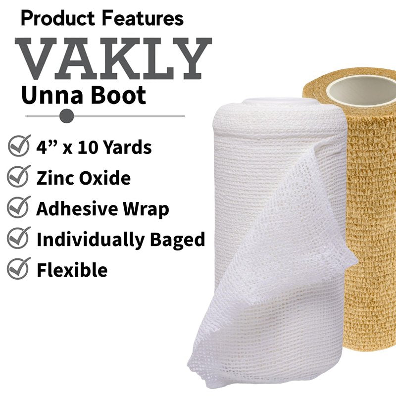 Vakly 4" Unna Boot Bandage Gauze Dressing with Zinc Oxide [4” x 10 Yards] Provides Customized Compression + Self Adhesive Cover Wrap (3 of Each) Individually Packaged